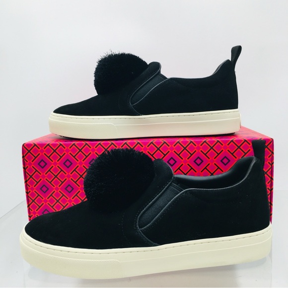 Tory Burch- Pom Pom Sneaker - Silk Suede / Suede- Perfect Black Women’s SZ 8.5 M